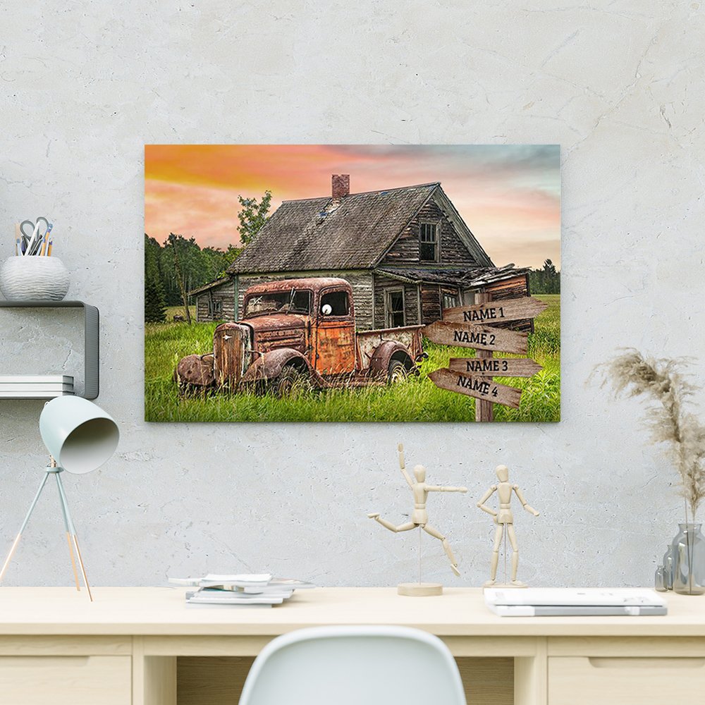 Personalized Family Name Old Red Truck Barn Farmhouse Canvas Wall Art