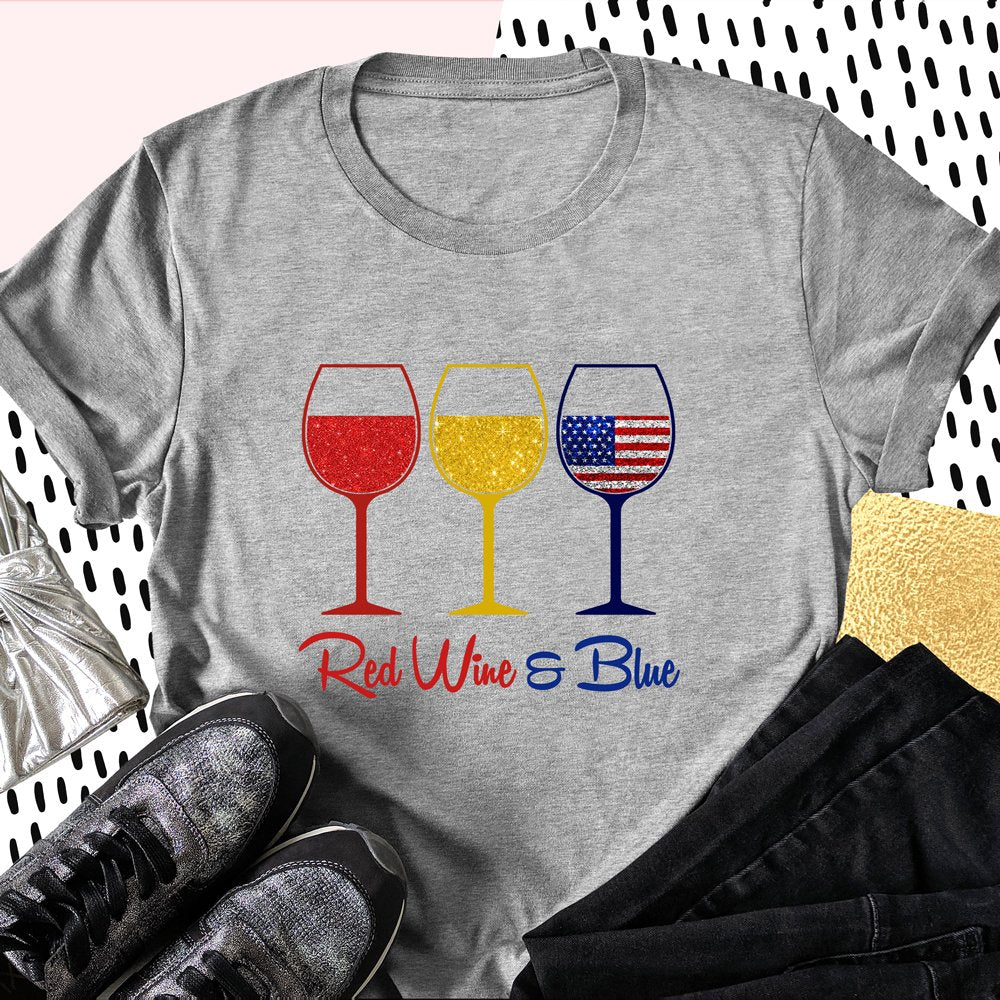 Red Wine & Blue Wine Glasses Independence Day 4th of July Shirt