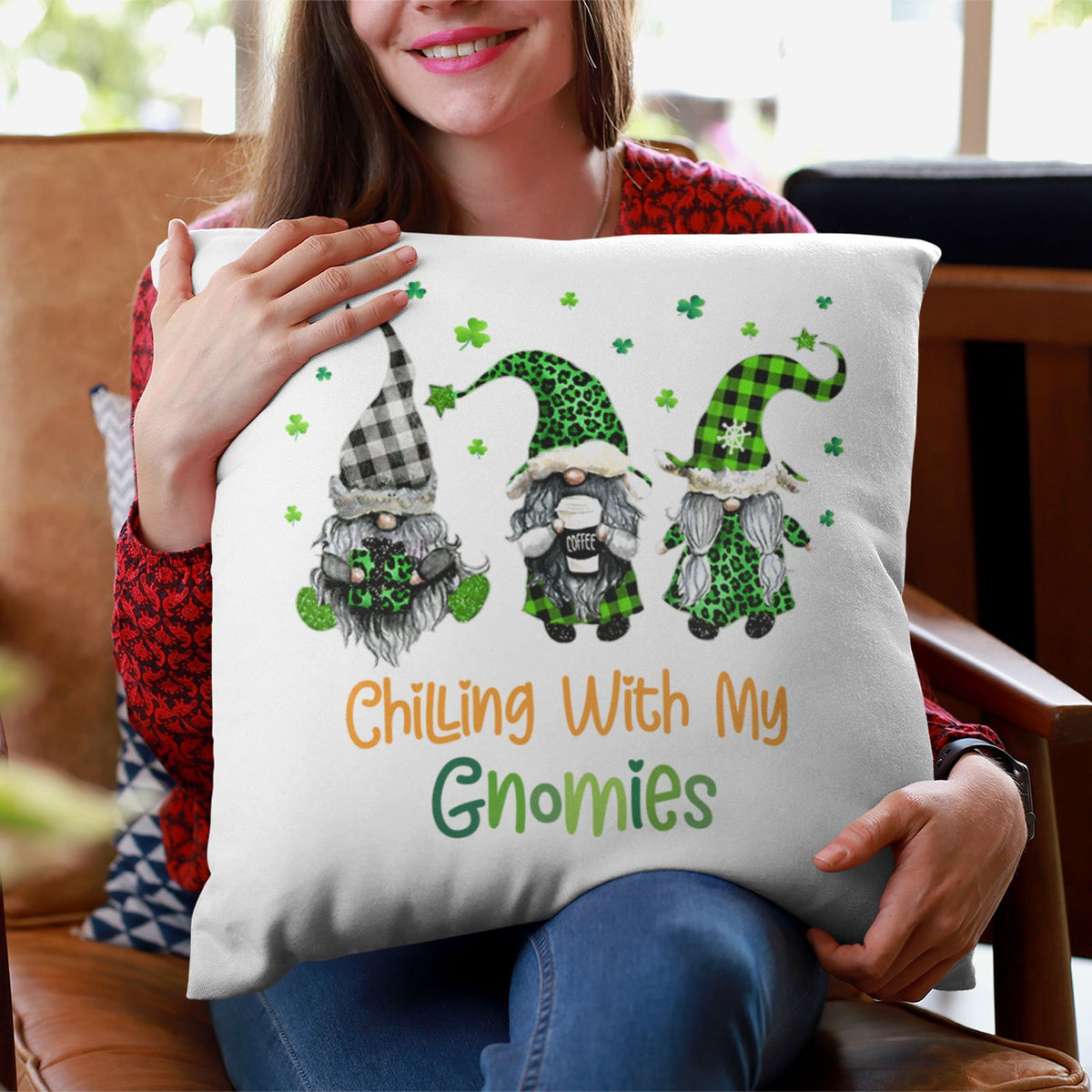 St Patrick' Day Pillow, Chilling with My Gnomies Pillow for Men, Women