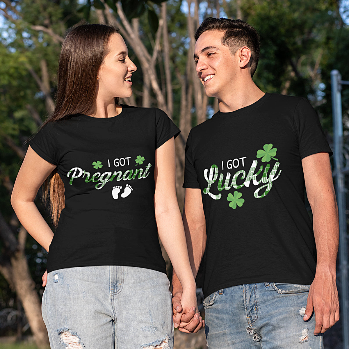 St. Patrick's Day Lucky Pregnancy Matching T-shirt Gift for Married Couple