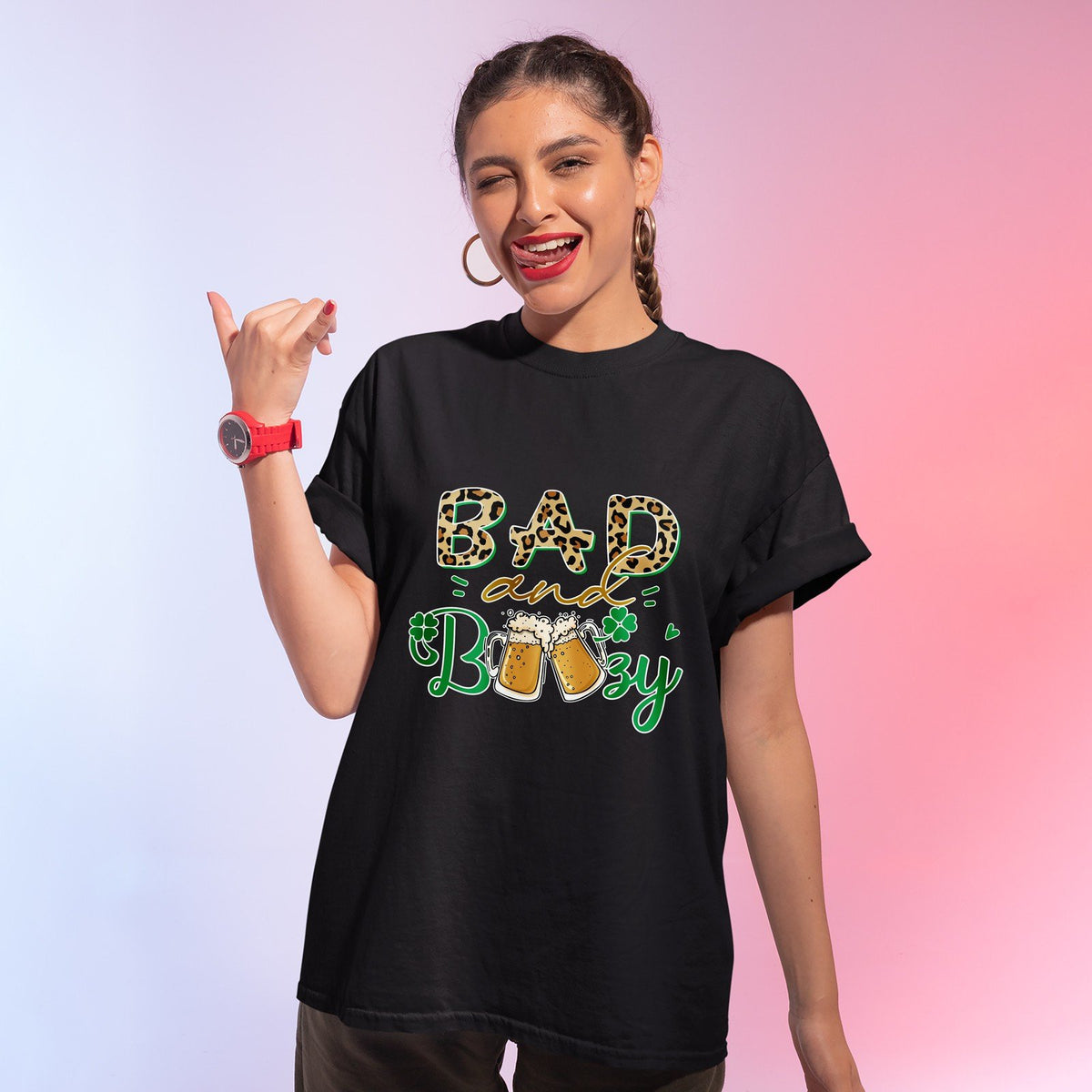 St Patrick's Day Bad and Boozy Shamrock Leopard Lucky TShirt