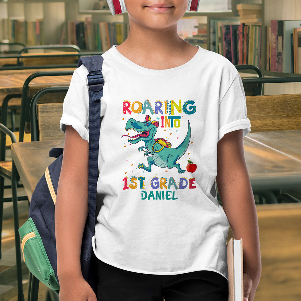 Back To School Roaring Into First Grade Funny Personalized Shirt