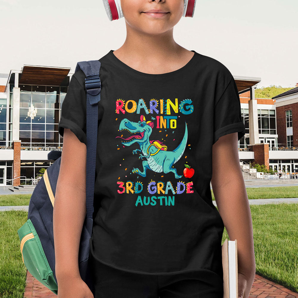Back To School Roaring Into Third Grade Funny Personalized Shirt