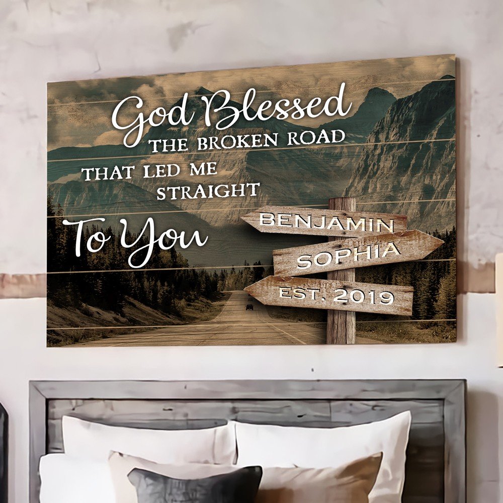 Personalized Wooden Road Sign Name God Blessed The Broken Road Couple Wall Art Home Decor Canvas