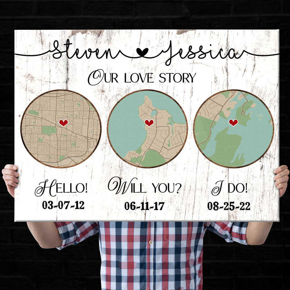 Hello Will You I Do Anniversary Couple Map Personalized Photo Canvas