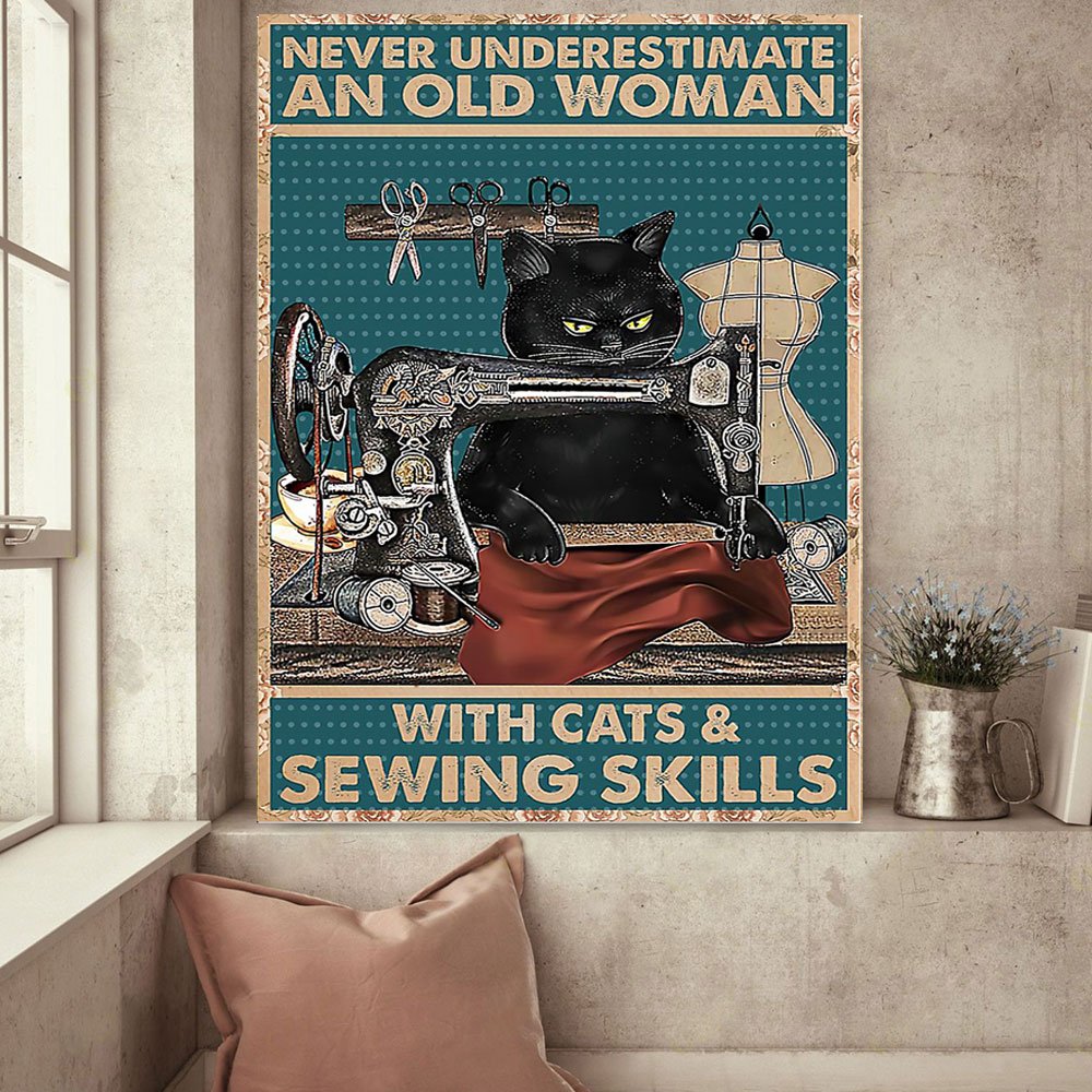 Never Underestimate Woman Sewing Cat Canvas