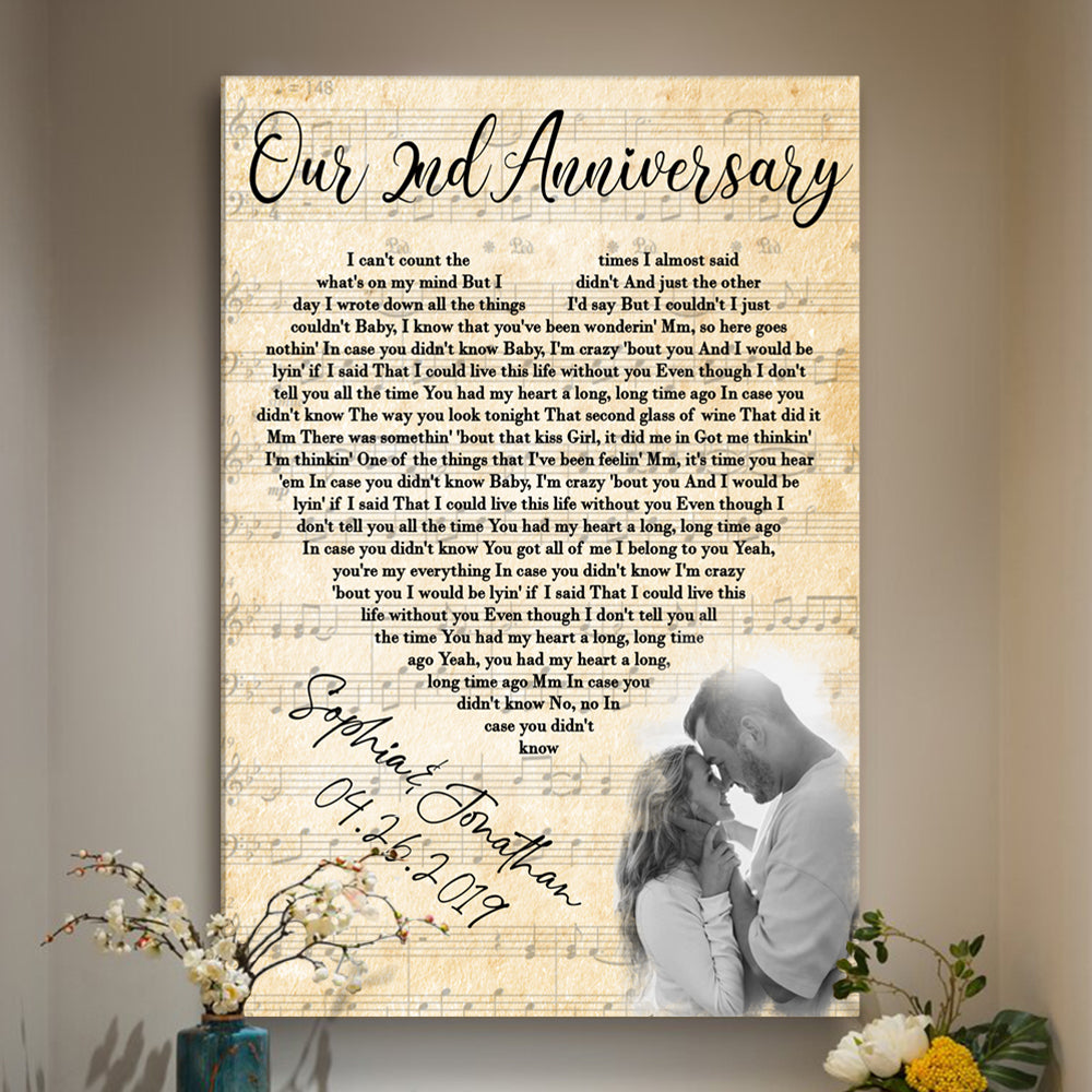 Personalized Cotton Wedding Anniversary Gift For Wife, 2nd Anniversary Gift For Him, 2 Years Married, Custom Wedding Song Lyric, Custom Couple Photo Canvas