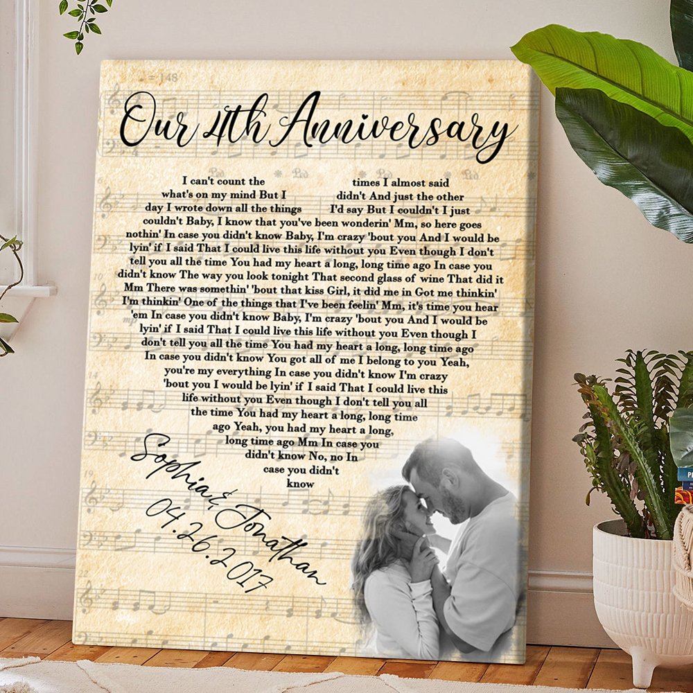 Personalized Linen Wedding Anniversary Gift For Wife, 4th Anniversary Gift For Him, 4 Years Married, Custom Wedding Song Lyric, Custom Couple Photo Canvas