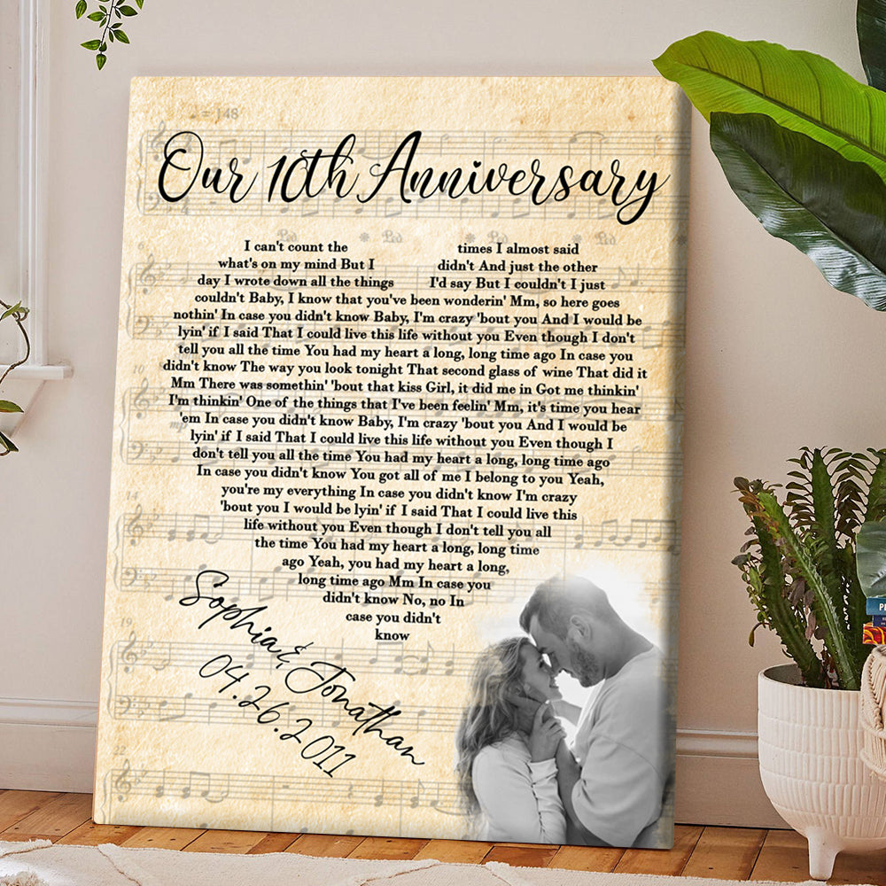 Personalized Tin Wedding Anniversary Gift For Wife, 10th Anniversary Gift For Him, 10 Years Married, Custom Wedding Song Lyric, Custom Couple Photo Canvas