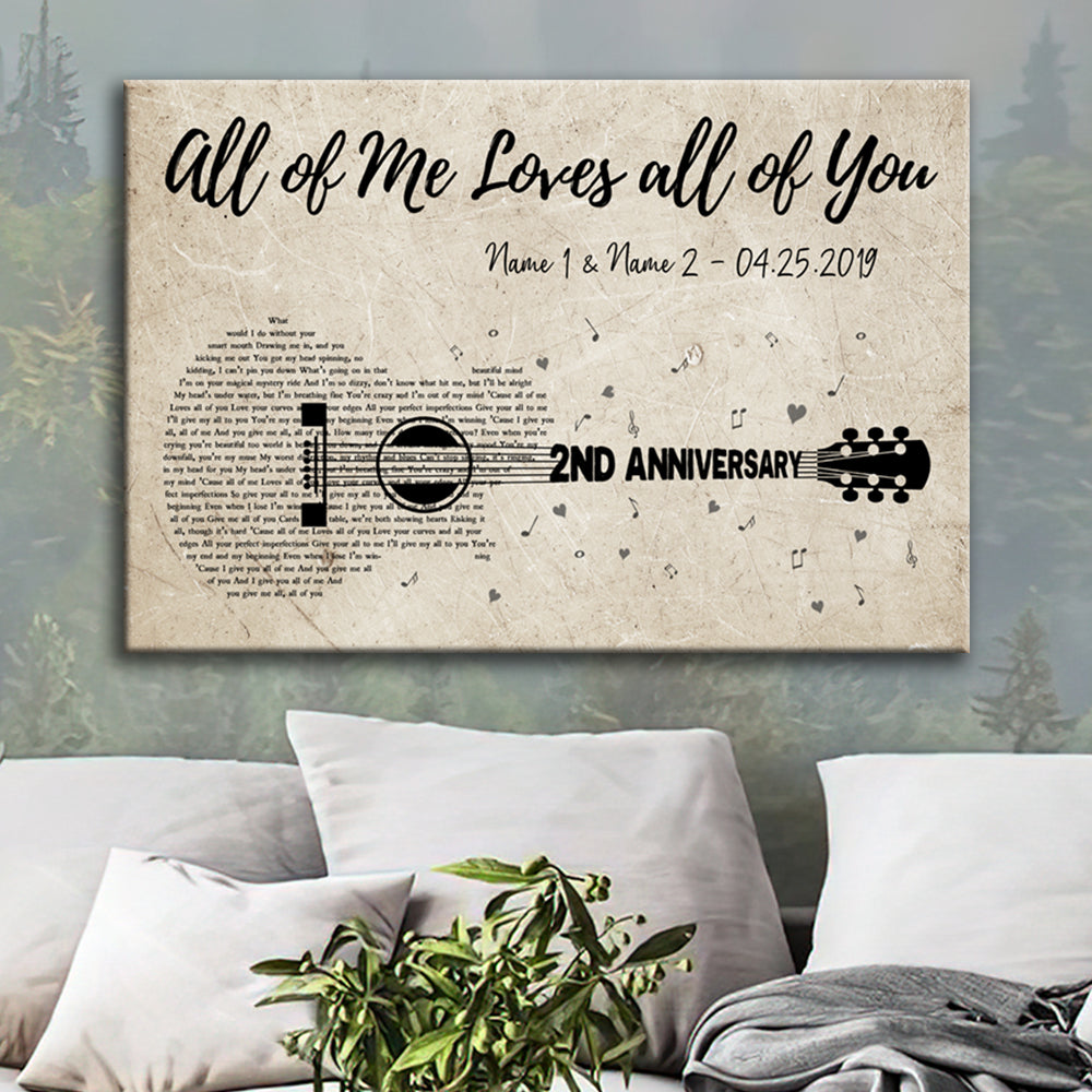 Personalized Second Wedding Anniversary Gift For Wife, 2nd Anniversary Gift For Him, 2 Years Married, Custom Wedding Song Lyric Guitar Canvas