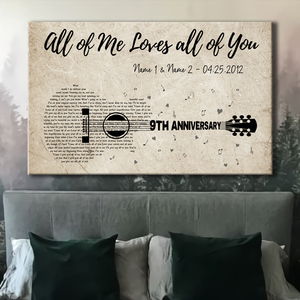 Personalized Nineth Wedding Anniversary Gift For Wife, 9th Anniversary Gift For Him, 9 Years Married, Custom Wedding Song Lyric Guitar Canvas