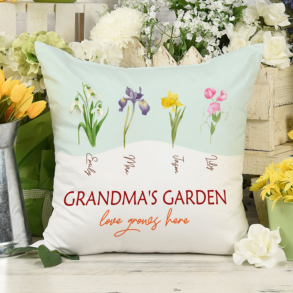 58050-Personalized Grandma's Garden Kids Name Canvas, Birth Month Flower, Gift For Grandma Gardening Pillow H0