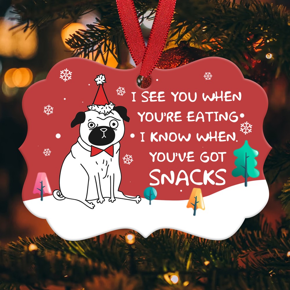 58226-Funny Pug Christmas Ornament, Santa Hat Pug, I Know When You've Got Snacks Ornament H1