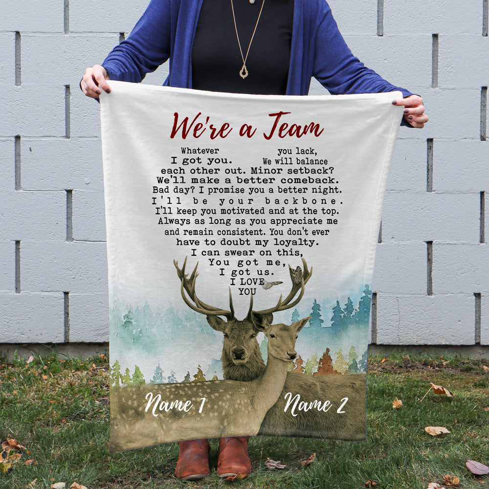 50766-Personalized Blanket Gift For Her, We're A Team Deer Couple, Gift For Wife Fleece Blanket H1