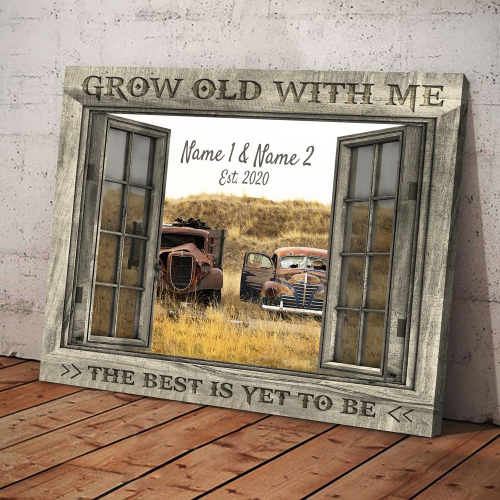 Personalized Wedding Anniversary Gift For Wife, Anniversary Gift For Husband Custom Photo Old Truck Grow Old With Me Canvas