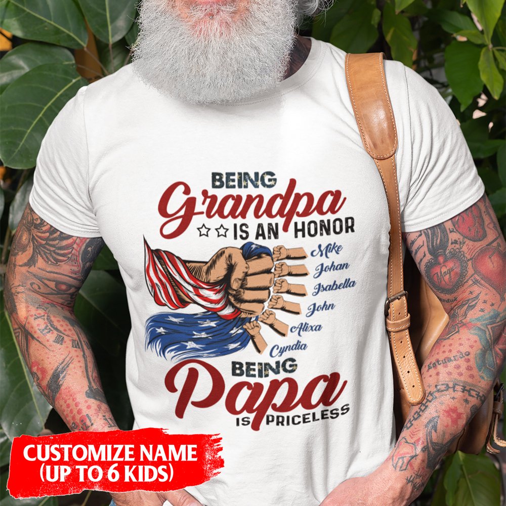 Father's Day Being Papa US Flag Hands Of Kids Personalized Shirt