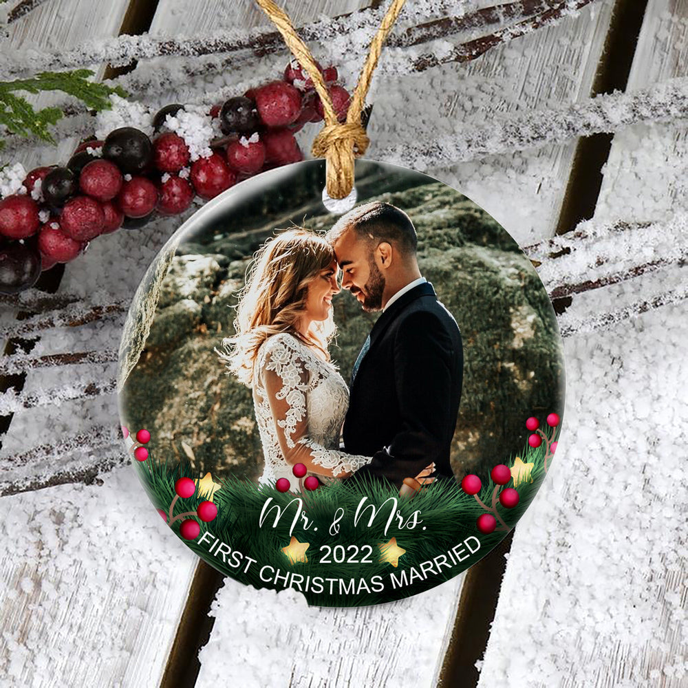 First Christmas Married As Mr & Mrs Ornament Personalized Photo Gift For Couple