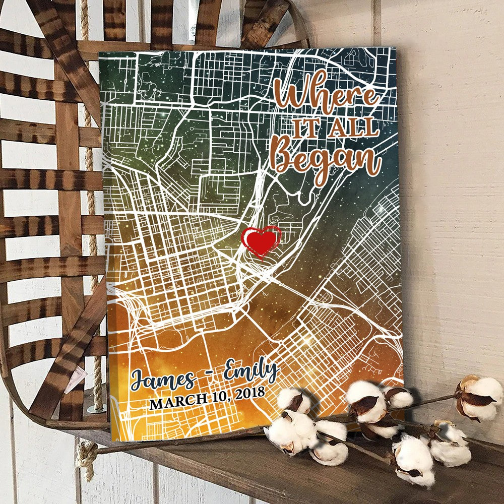 Personalized Map Couple Wall Art Gift For Him For Her Where It All Began Canvas