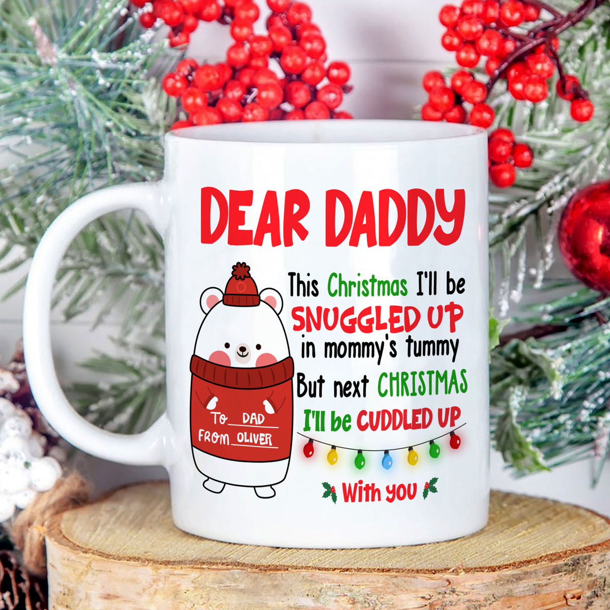 57388-Personalized Christmas Gift For Daddy To Be Snuggled Up In Mommy's Tummy Mug H0