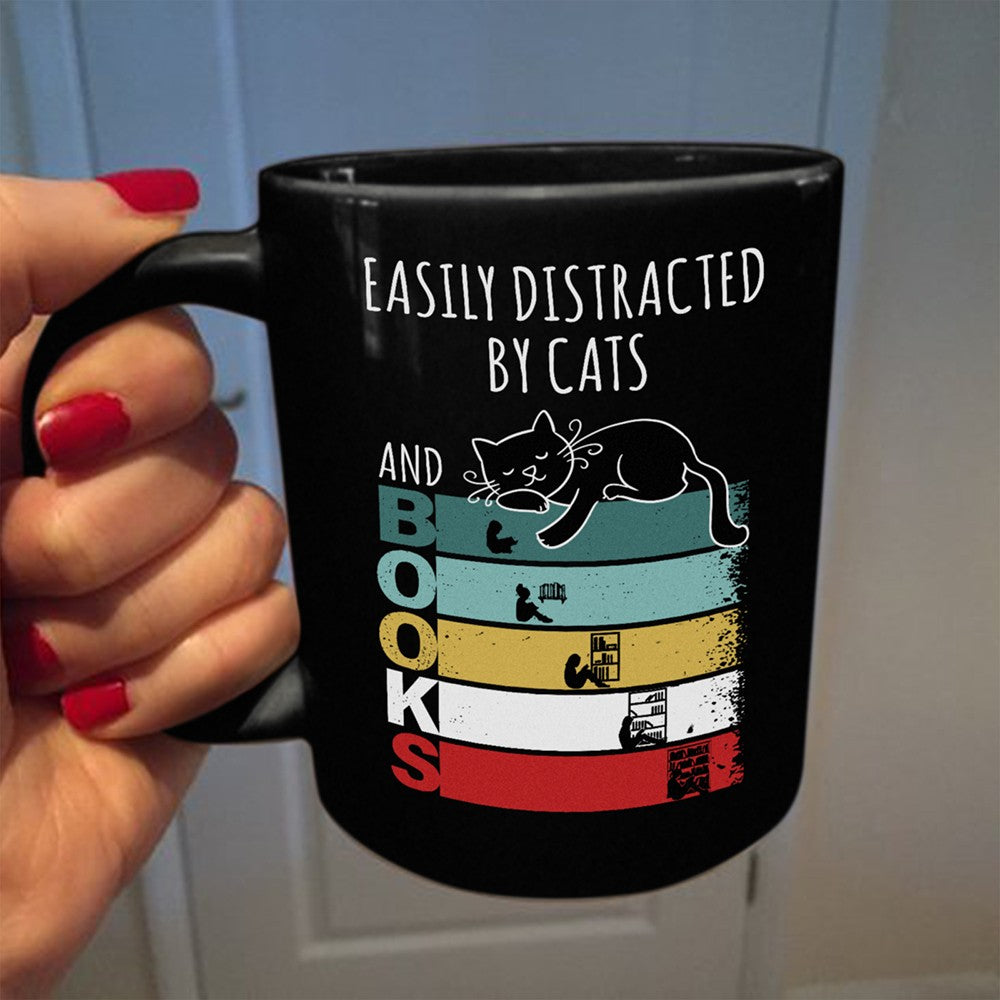 61649-Easily Distracted By Cats And Books Mug, Book Lover Gift, Cat Lover Gift H0