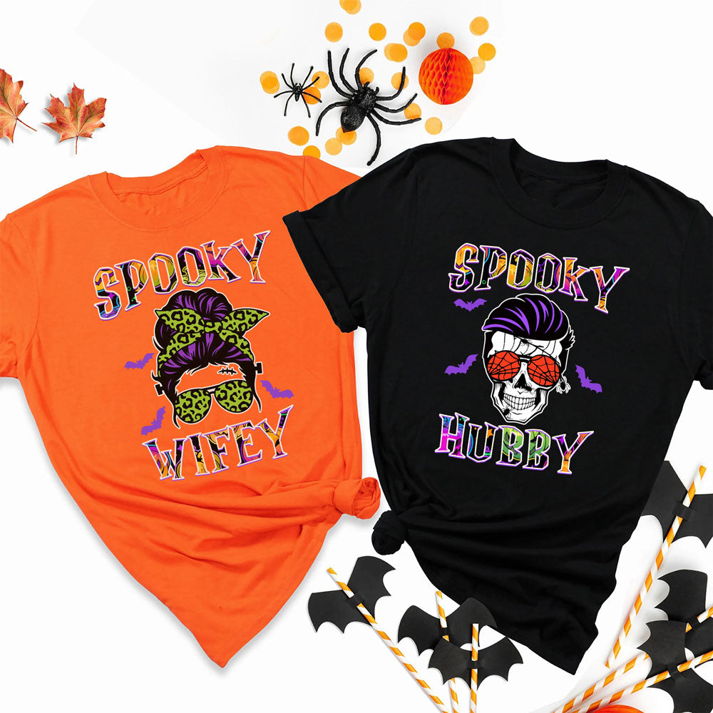 Halloween Couple Spooky Hubby Wifey Skull Funny Matching Shirt