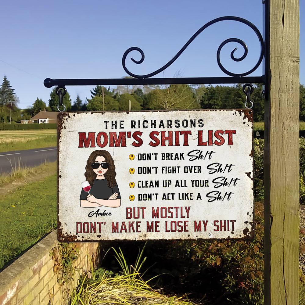 Mom Shit List Funny Home Personalized Metal Sign