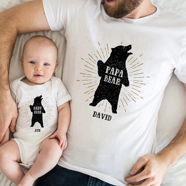 New Dad And Baby Papa Bear Matching Personalized Shirt And Onesie