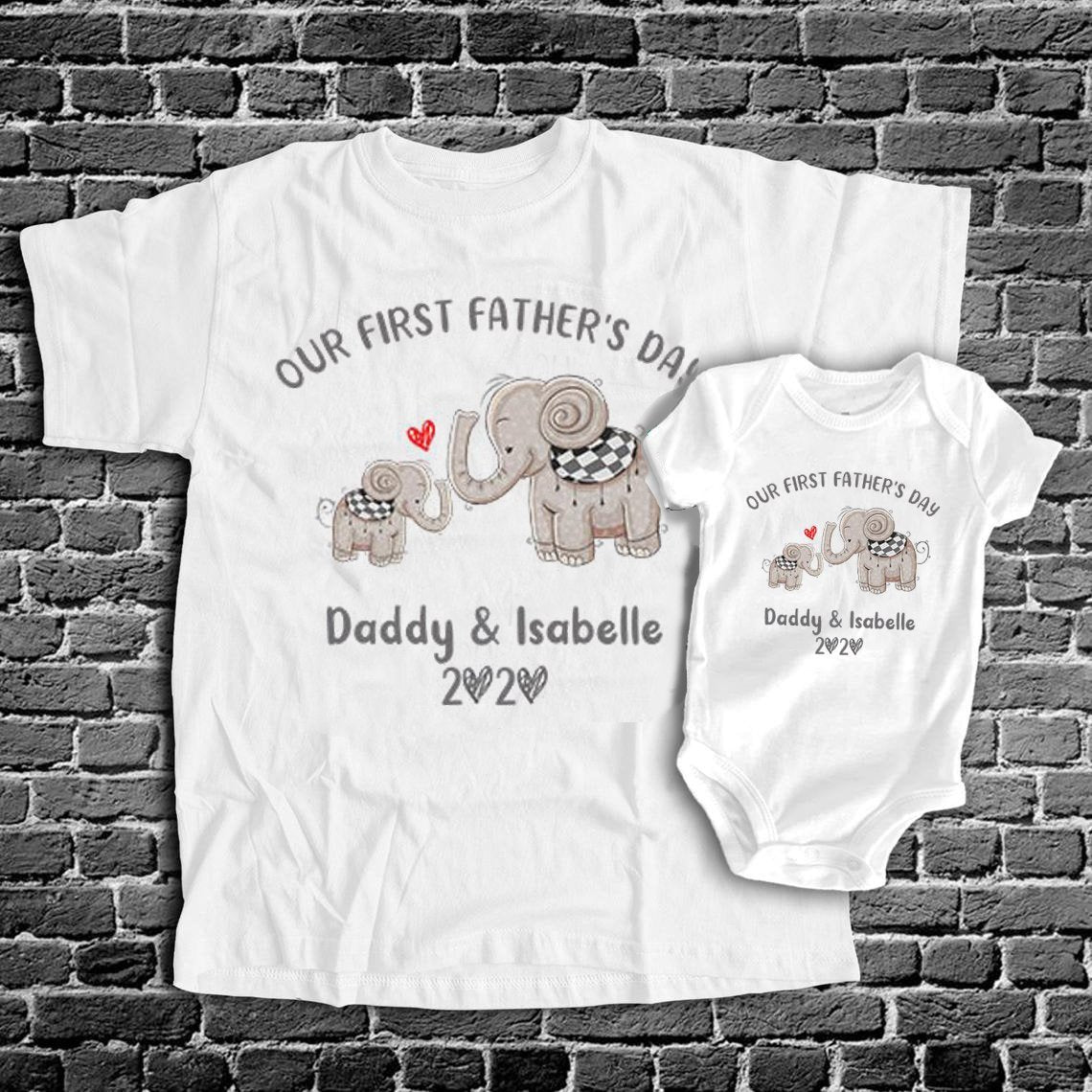 Personalized Gift For Dad And Baby Our First Father's Day Elephant Baby Grow Matching Shirts