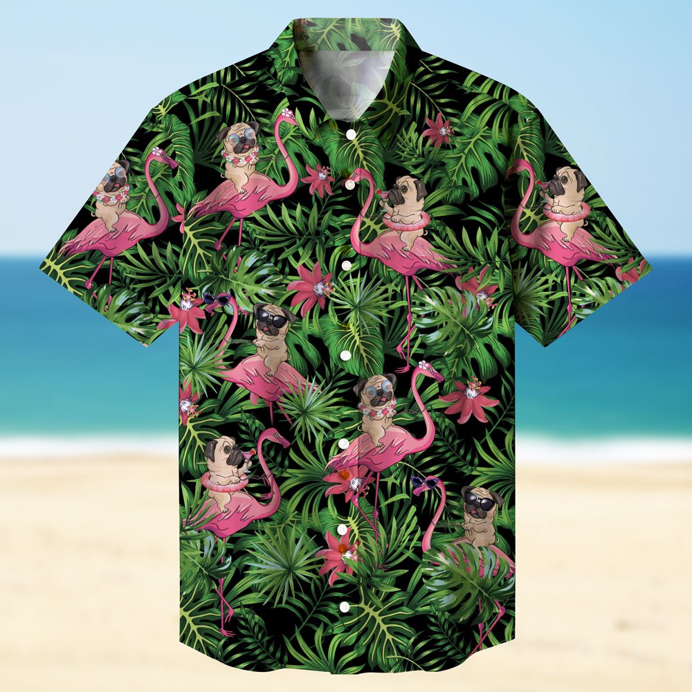Pug Riding Flamingo Funny Pet Hawaiian Shirt