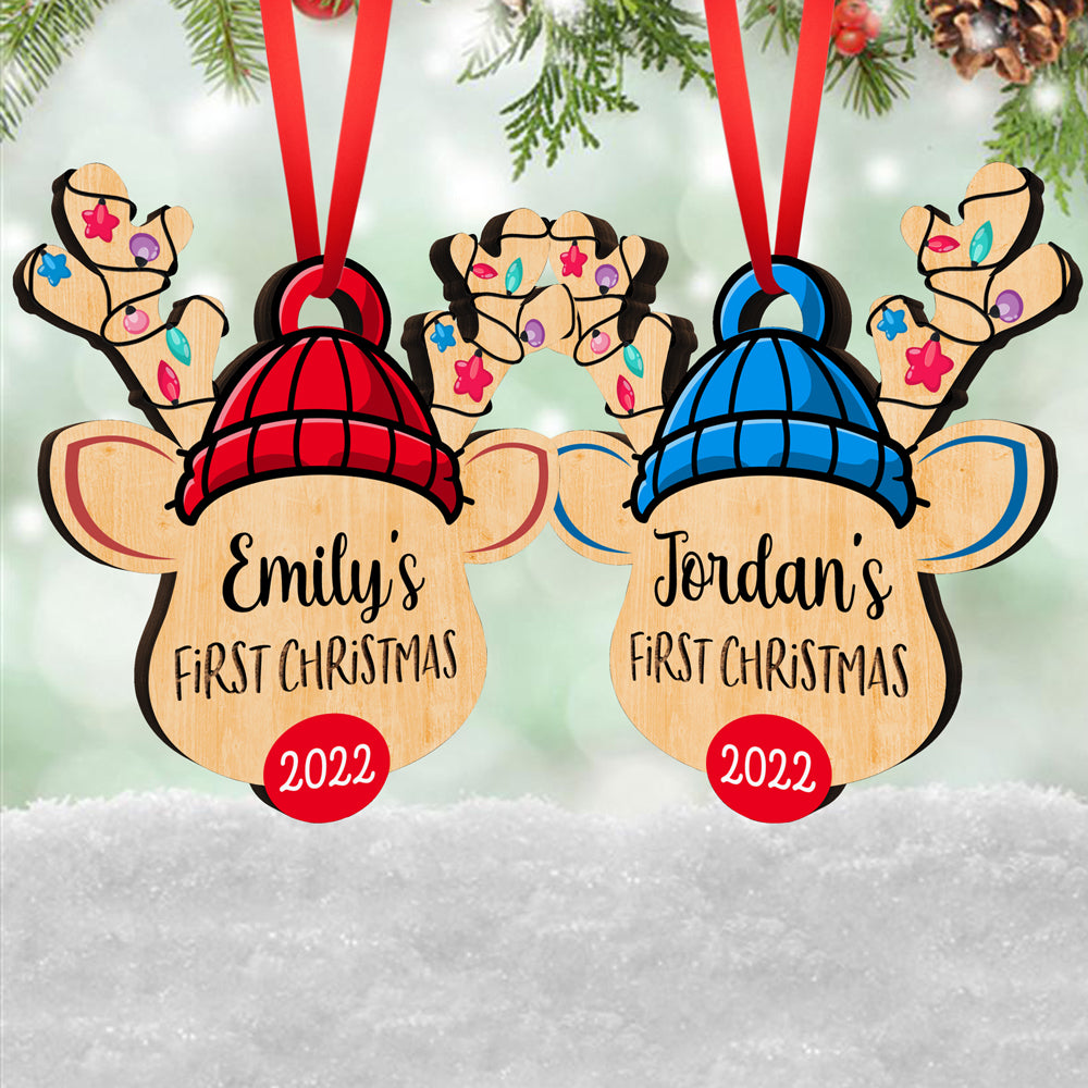 Reindeer Baby's 1st Christmas Wood Ornament Personalized Gift For Baby