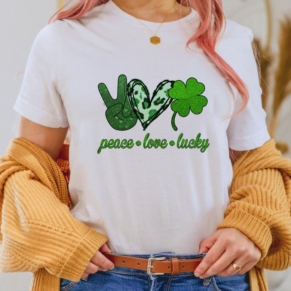 St Patrick's Day Peace Love Lucky Green Shamrock TShirt