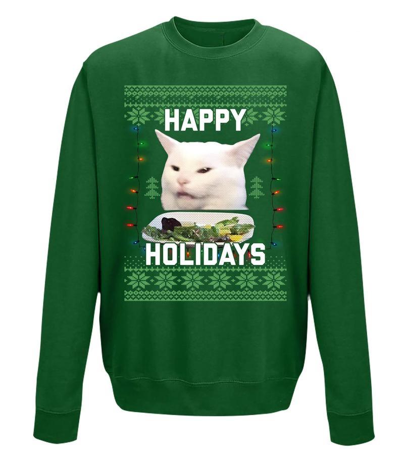 Merry Christmas Happy Holiday Woman Yelling At Cat Ugly Christmas Sweatshirt