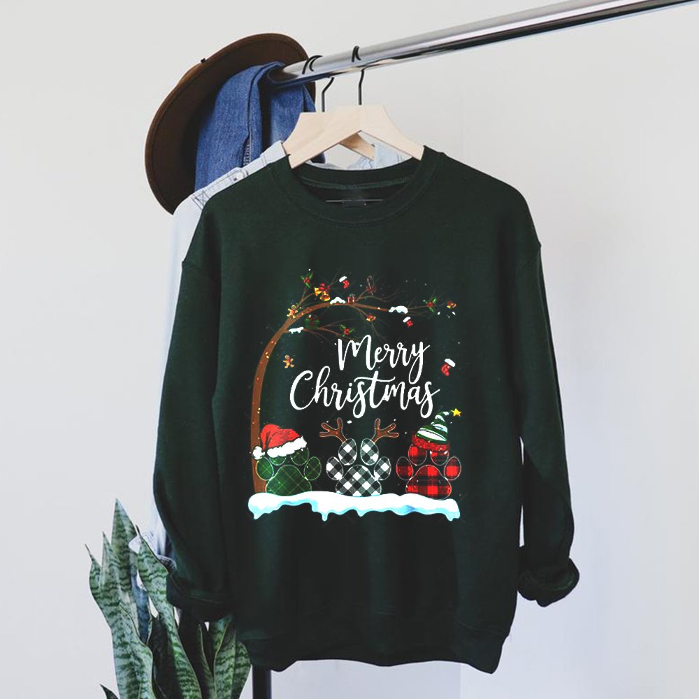 Plaid Paw Dog Footprint Merry Christmas Sweatshirt And Shirt