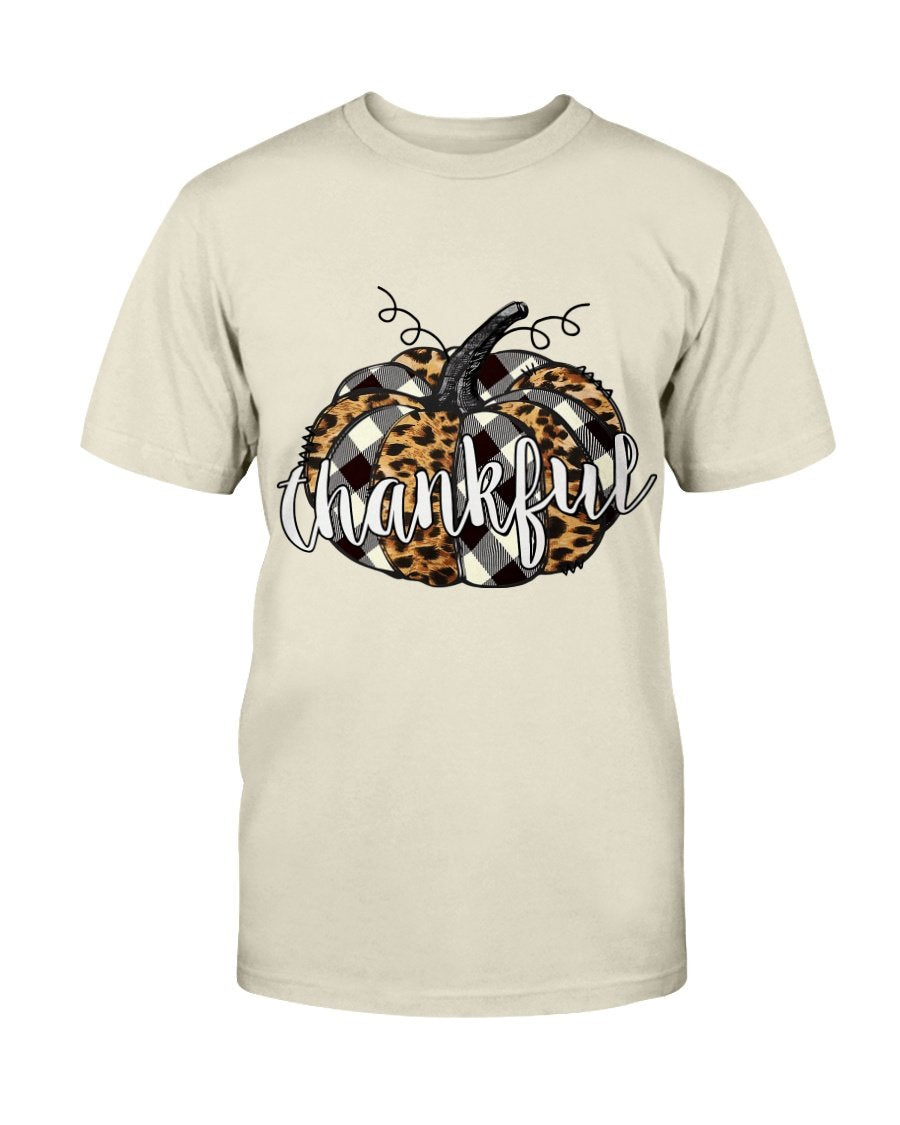 Plaid Leopard Printed Splicing Thankful Pumpkin TShirt Tee Beige