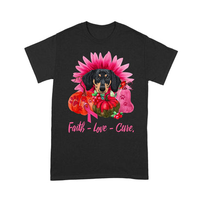 Faith Love Cure Breast Cancer Pumplekin Shirt Gift For Dashshund Dog Lover