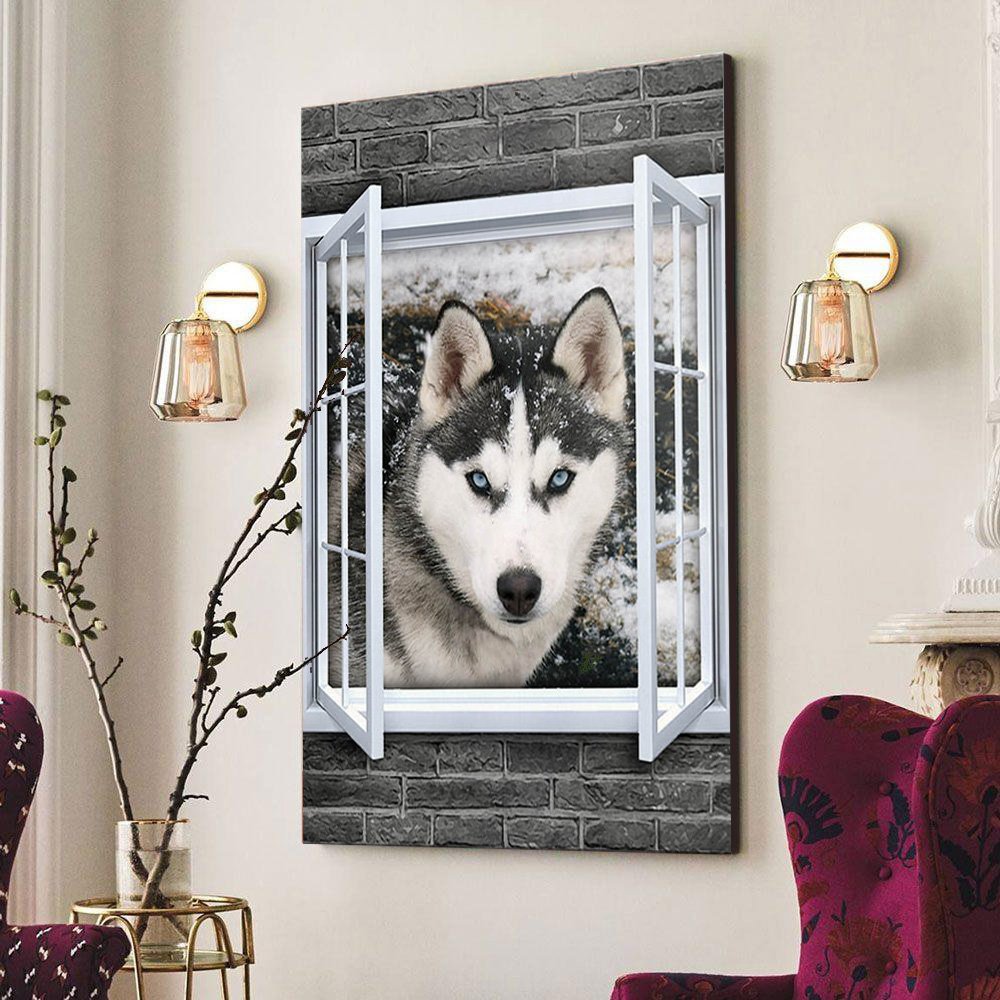 Gift For Dog Lover Snowy Window Husky Dog Canvas