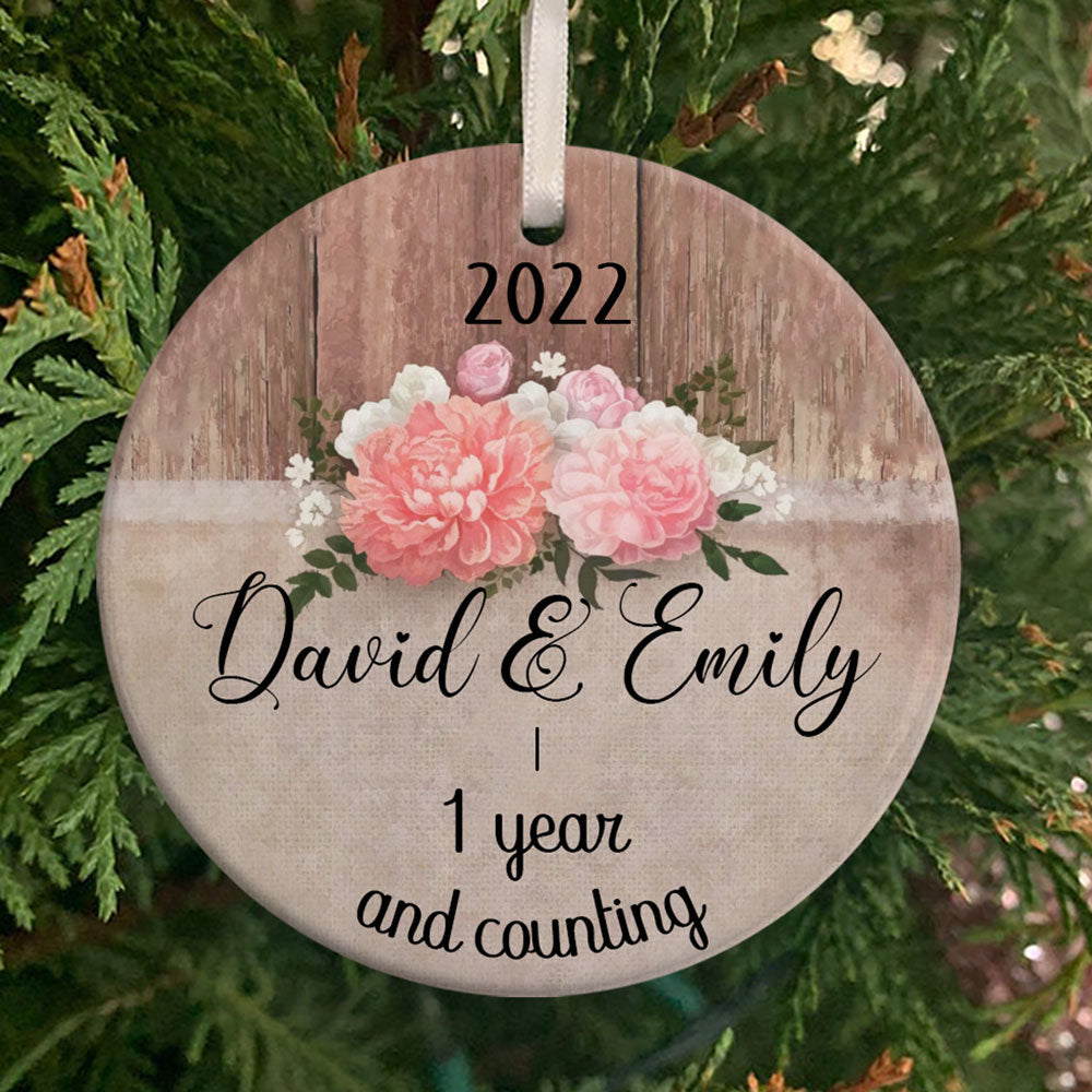 Personalized Rustic Wood Old Pink Flower 1 Year Anniversary Christmas Ceramic Ornament