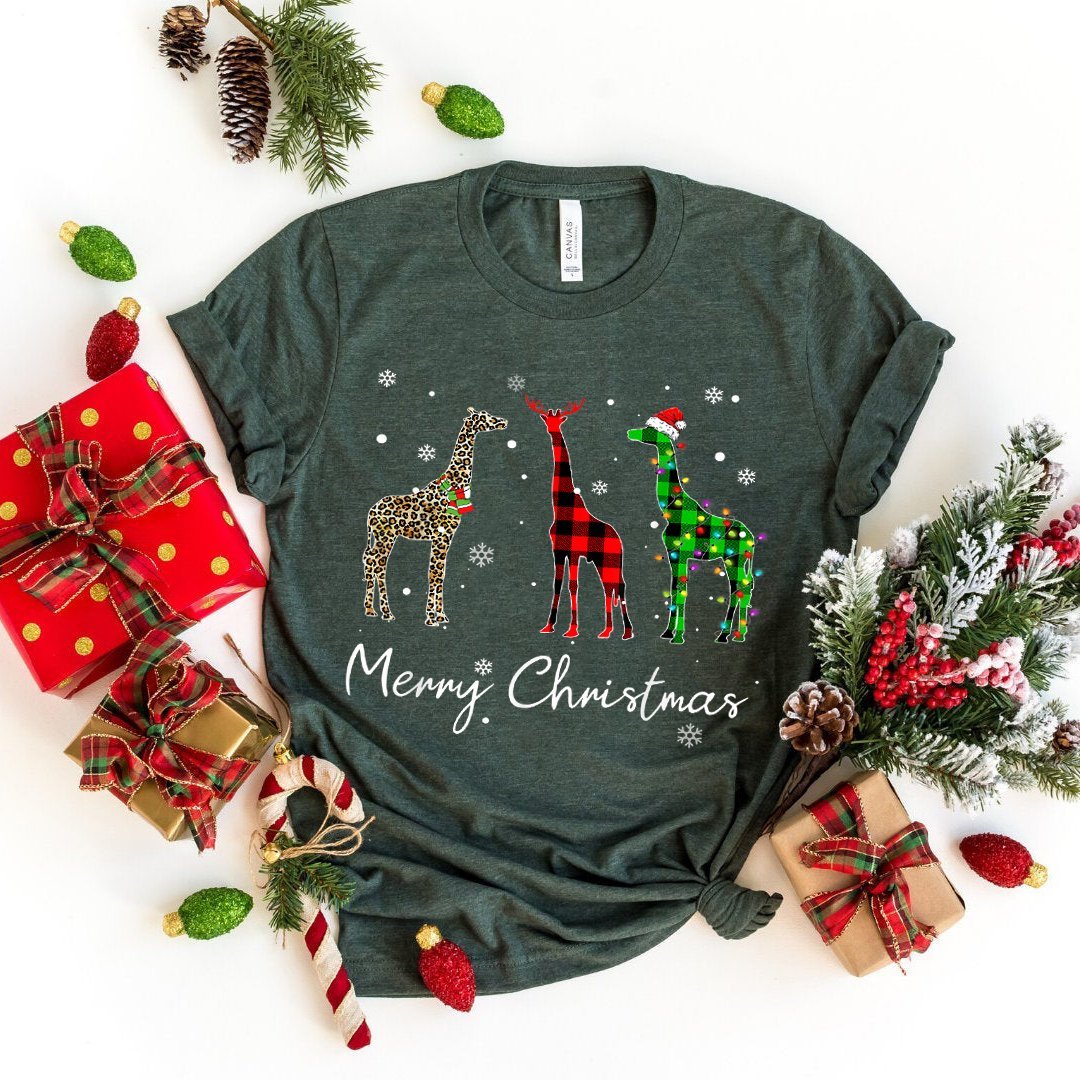Christmas gifts  Buffalo plaid giraffe christmas pajama gifts tshirt