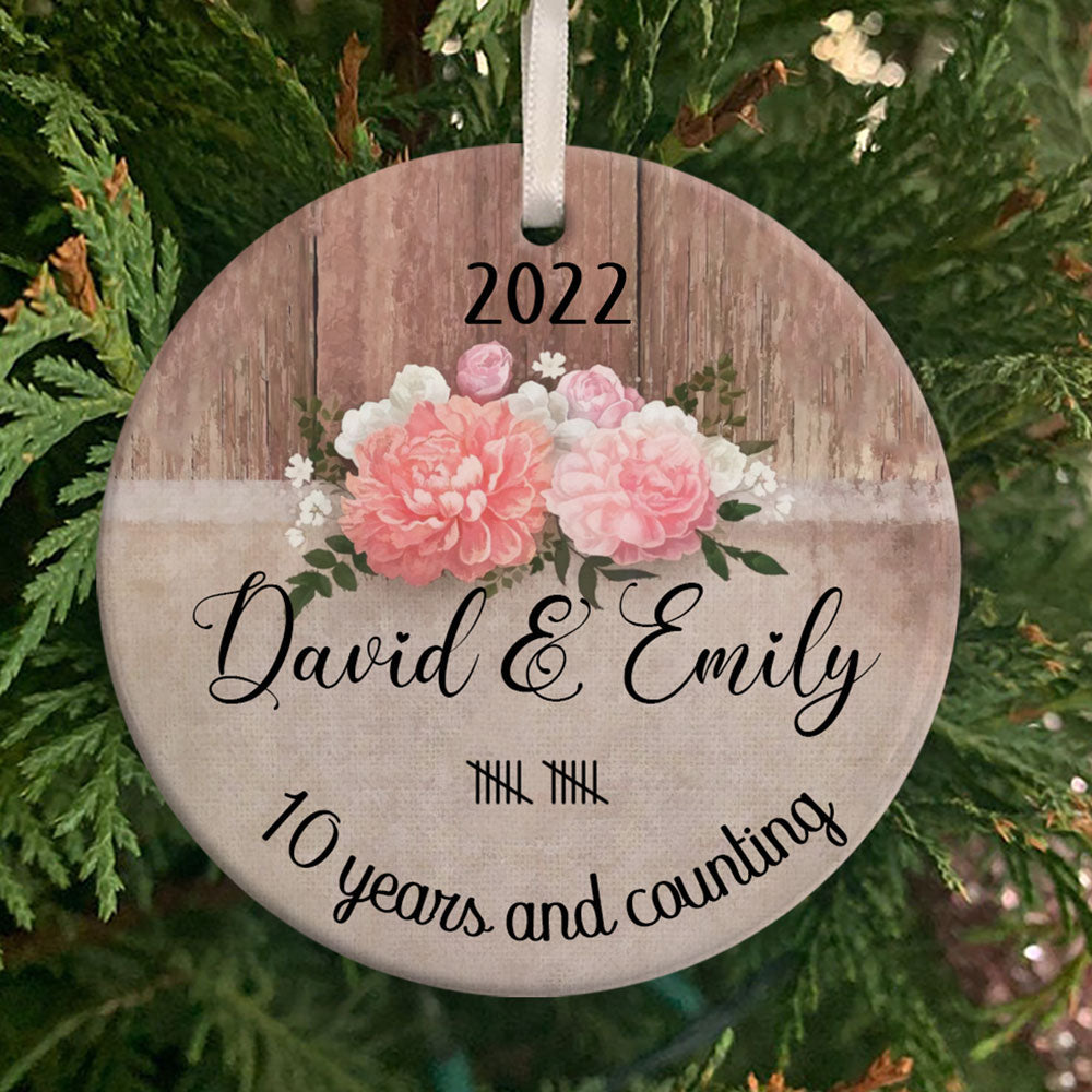 Personalized Rustic Wood Old Pink Flower 10 Years Anniversary Christmas Ceramic Ornament