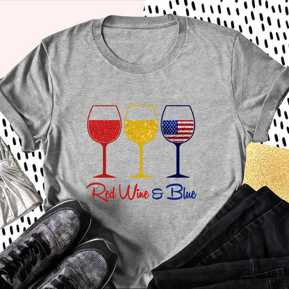Red Wine & Blue Wine Glasses Independence Day 4th of July Shirt