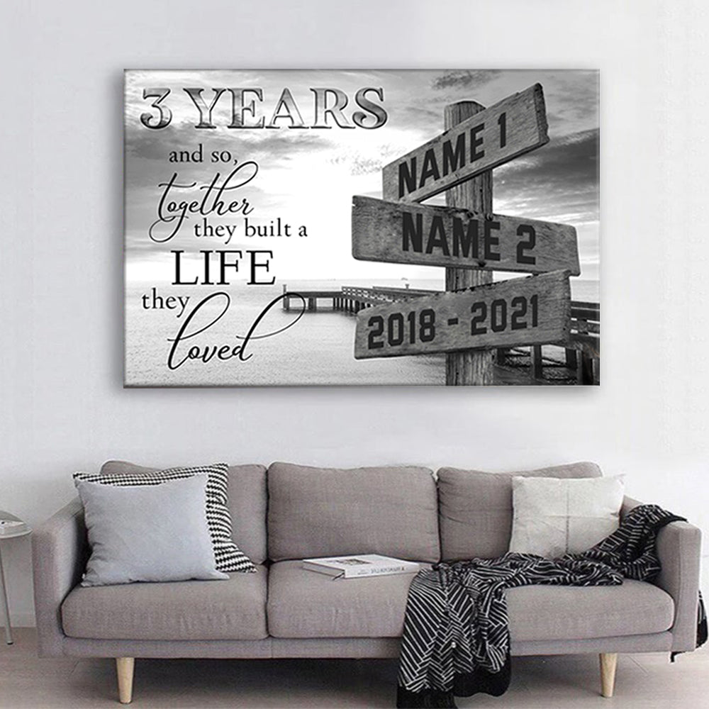 Personalized 3rd Wedding Anniversary Gift For Her, 3 Years Anniversary Gift For Him, Together We Built A Life We Loved Ocean Dock MultiNames Canvas
