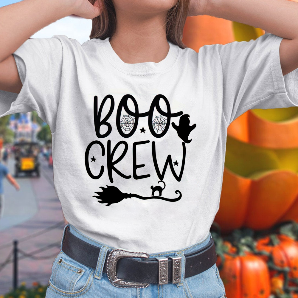 Funny Halloween Gift Boo Crew Spider Web Ghost Witch Broom Spooky Tshirt