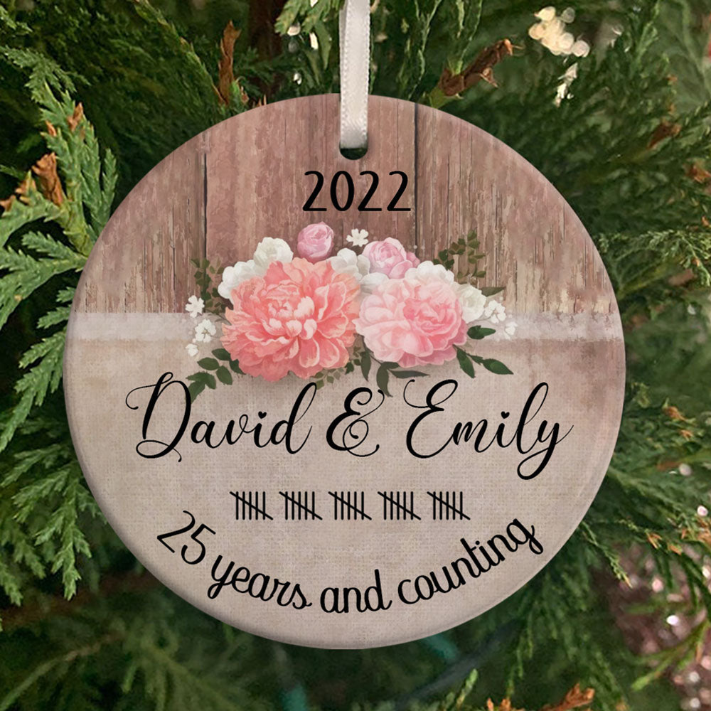 Personalized Rustic Wood Old Pink Flower 25 Years Anniversary Christmas Ceramic Ornament