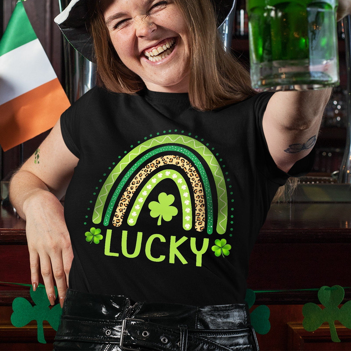 St Patrick's Day Irish Shamrock Leopard Rainbow Lucky TShirt