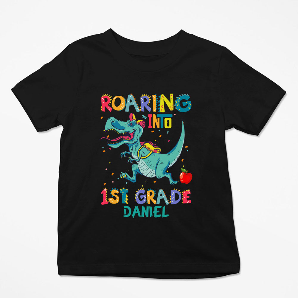 Back To School Roaring Into First Grade Funny Personalized Shirt