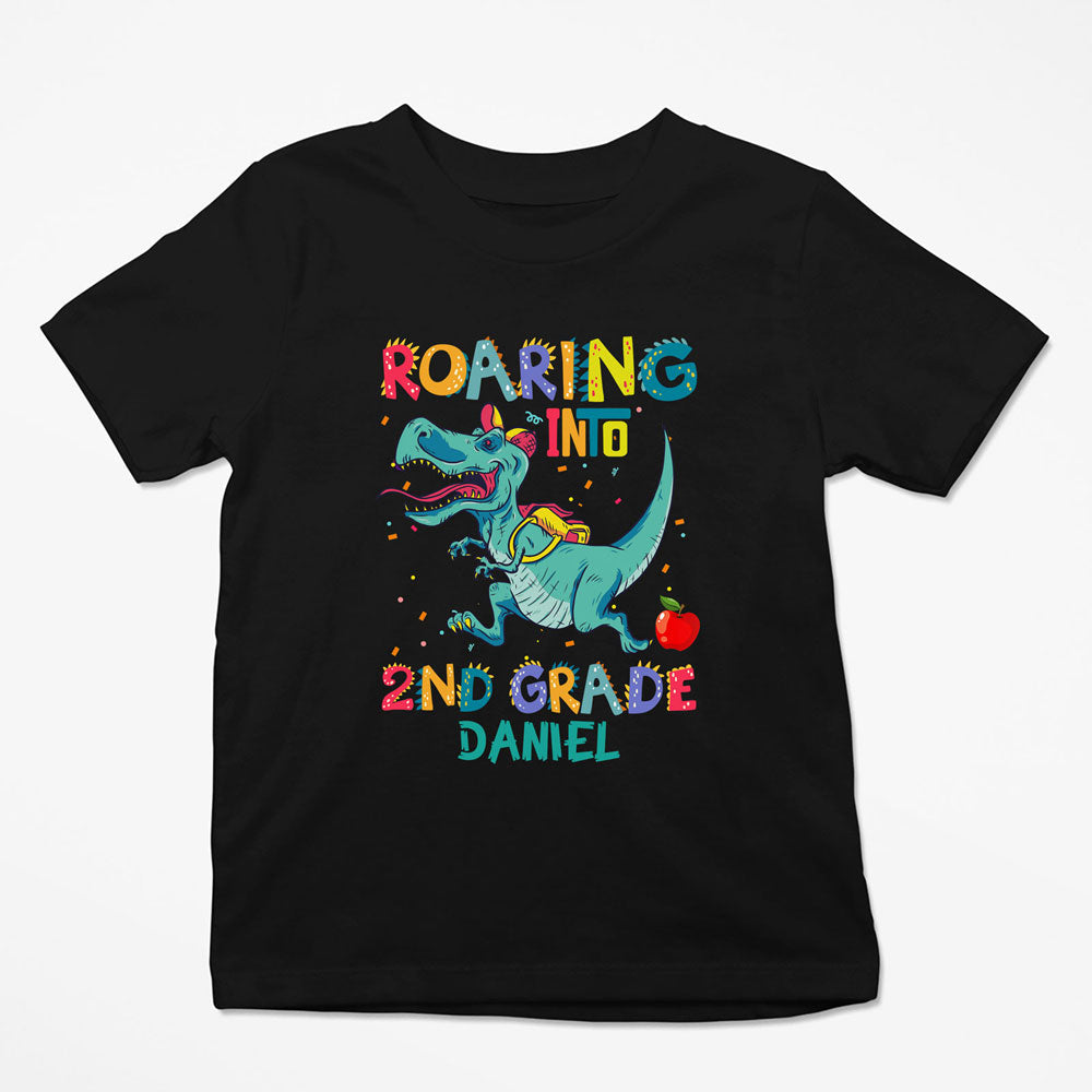 Back To School Roaring Into Second Grade Funny Personalized Shirt