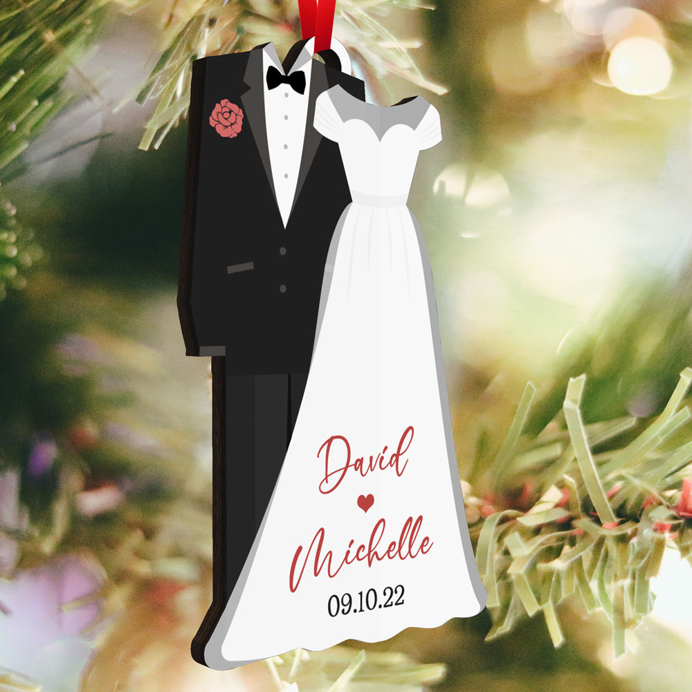 Bride And Groom Married Wood Ornament Personalized Gift For Couple