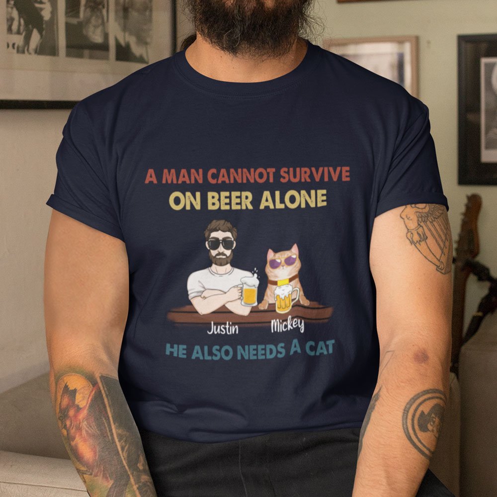 Cat Dad A Man Survive On Beer And Cat Lover Funny Personalized Shirt