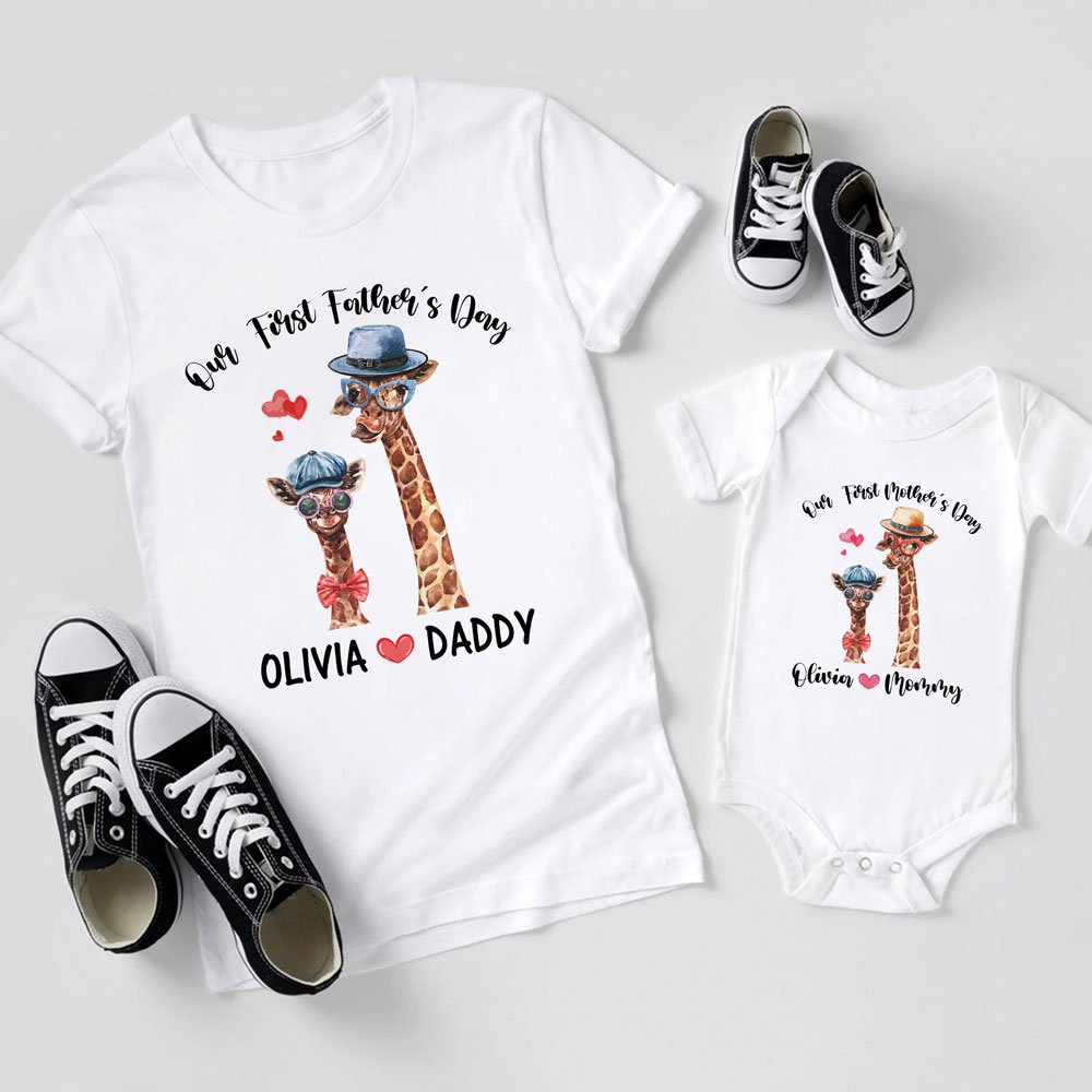 Our First Fathers Day Giraffe Personalized Matching Shirts & Onesies