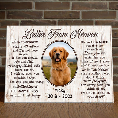 Pet Memorial Dog Cat Letter From Heaven Personalized Canvas